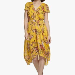 DKNY Women's Yellow Floral Short Sleeve Faux Wrap Dress
